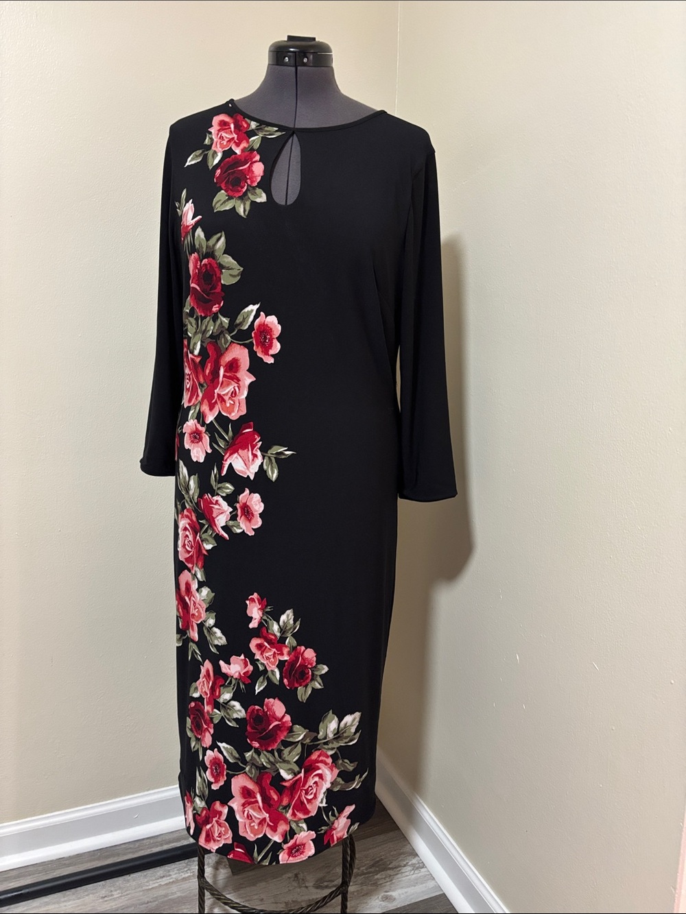 Chico's Black Midi Dress with Pink & Red Rose Print